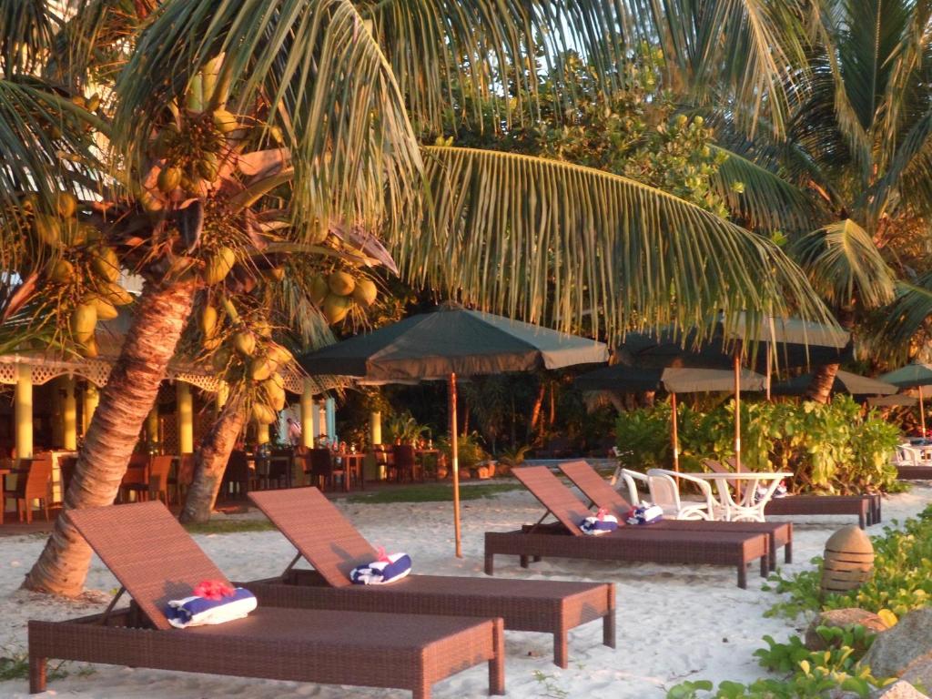 普拉兰大安塞区棕榈滩酒店的海滩上的一排躺椅和遮阳伞