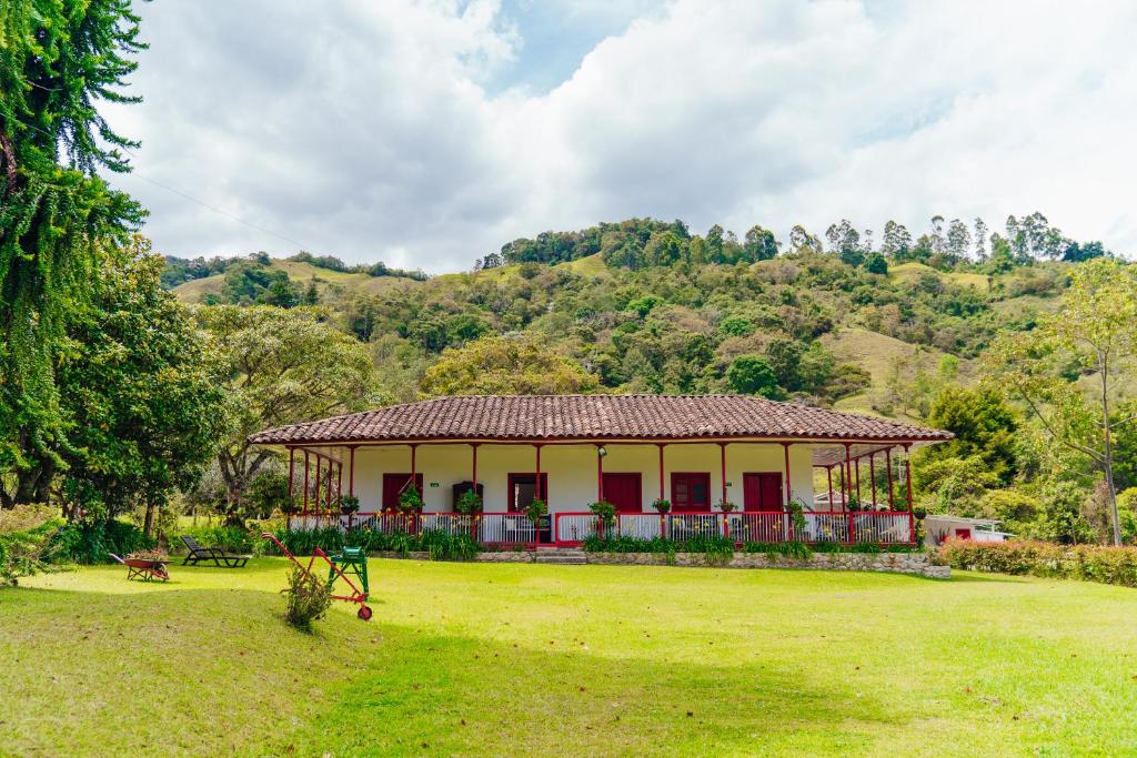 萨兰托La Cabaña Ecohotel - Valle del Cocora的草场中间的一座房子
