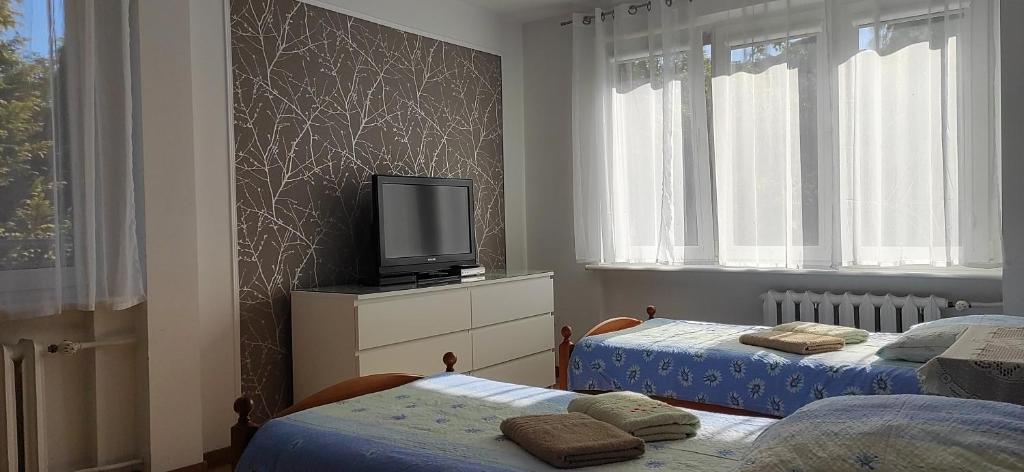 格但斯克萨特别墅酒店的一间卧室配有两张床,在梳妆台上配有电视