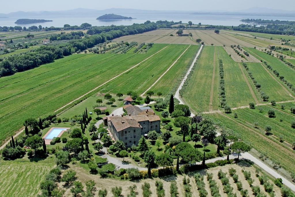 特拉西梅诺湖畔托罗La Fattoria del Rio di Sopra - Agriturismo Baldeschi的领略着一座宅邸的空中景观