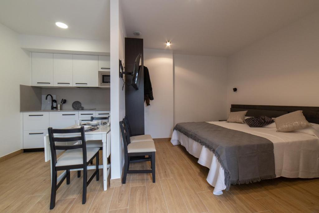 扎鲁亚斯Loft en Zarautz con Parking Hator 2的一间带一张床和一张书桌的卧室和一间厨房