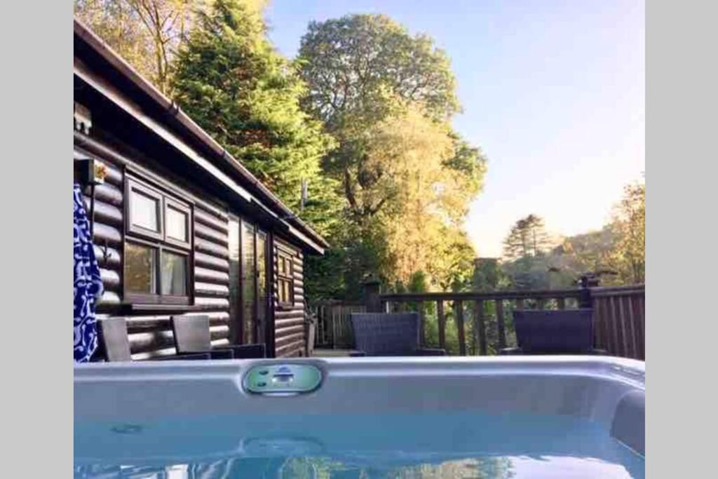 温德米尔Mistletoe One Luxury Lodge with Hot Tub Windermere的小木屋前的游泳池