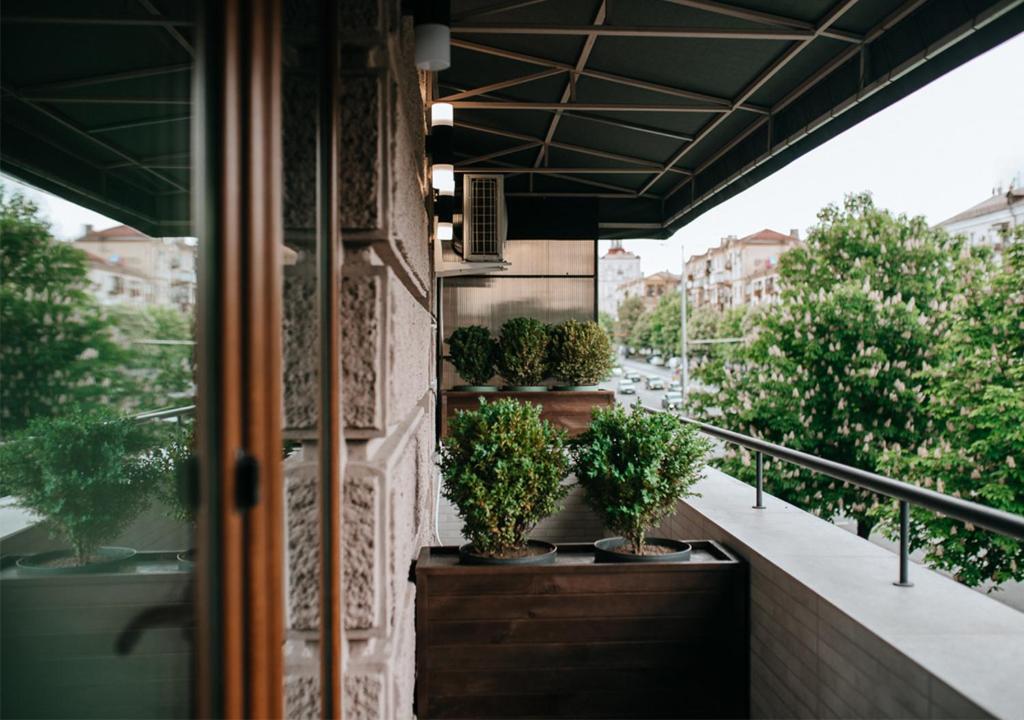 扎波罗热Home Aparts的建筑里种植了盆栽植物的阳台