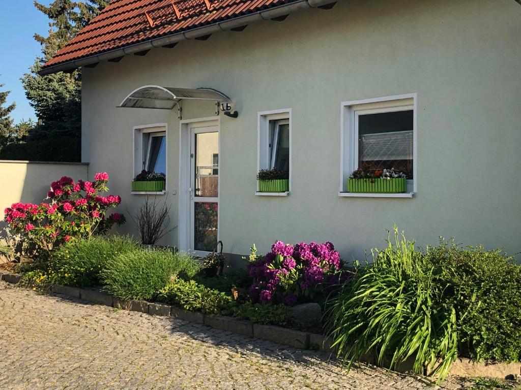 RadiborFerienhaus Zur Heide - Erdgeschoss的前面有鲜花的白色房子