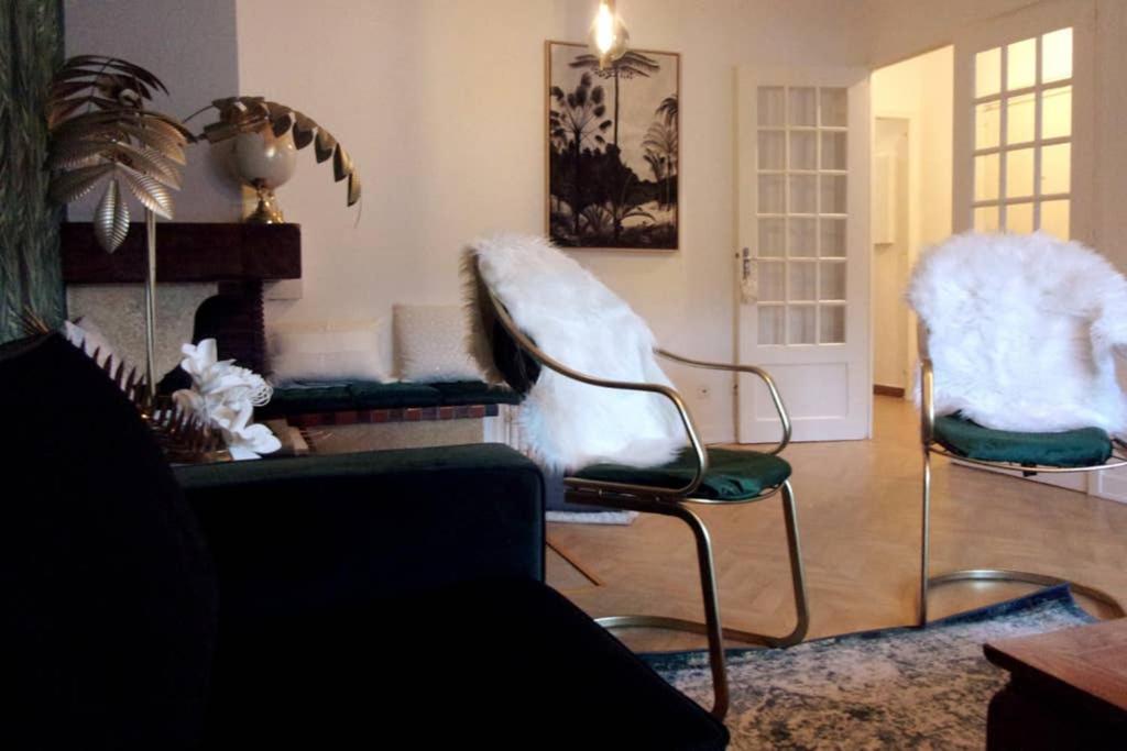 阿克斯莱泰尔姆Appartement VILLA PAULA Ax-les-Thermes的客厅配有两把椅子和壁炉