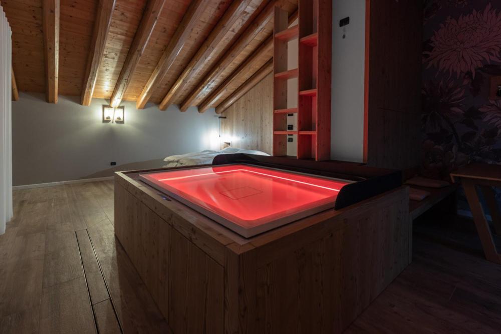 Refrontolo卡诺奇阿泽达农家乐的客房内的红灯热水浴池