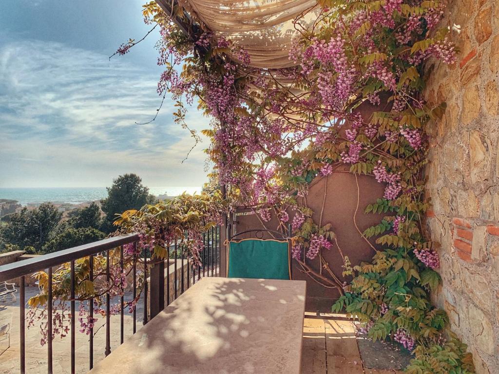 圣温琴佐Castel del Mare的阳台拥有紫色花卉和绿色椅子