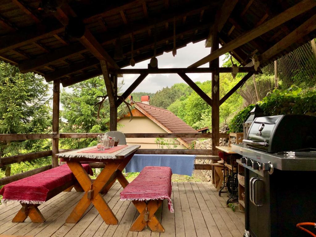 克雷姆尼察Apartmán MARI的庭院设有野餐桌和炉灶。