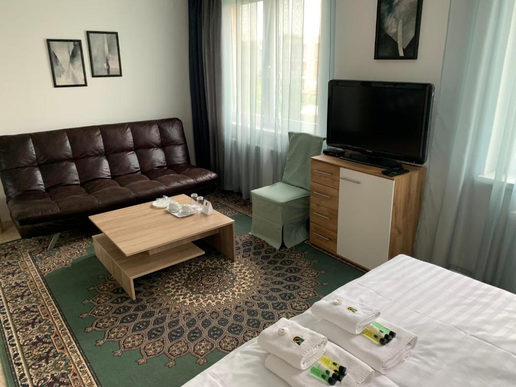 利托米什尔Privat Sofia的客房设有两张床、一张沙发和一台电视。
