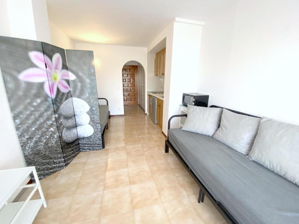 罗萨斯Port badia 1b的带沙发的客厅和厨房