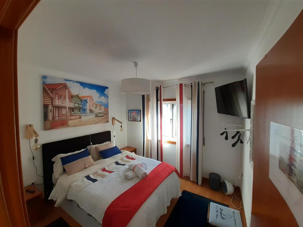 阿威罗Aveiro Central Its ALL there Apartment的一间卧室配有一张大床和电视