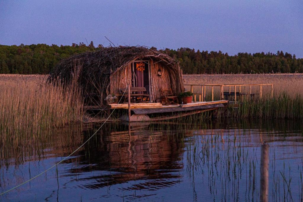 乌斯马Bebru māja - Beaver house的水面上的一个小屋