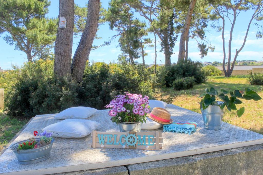 奥特朗托MARIMAR - Apartments OTRANTO的一张带鲜花的野餐桌和迎宾标志