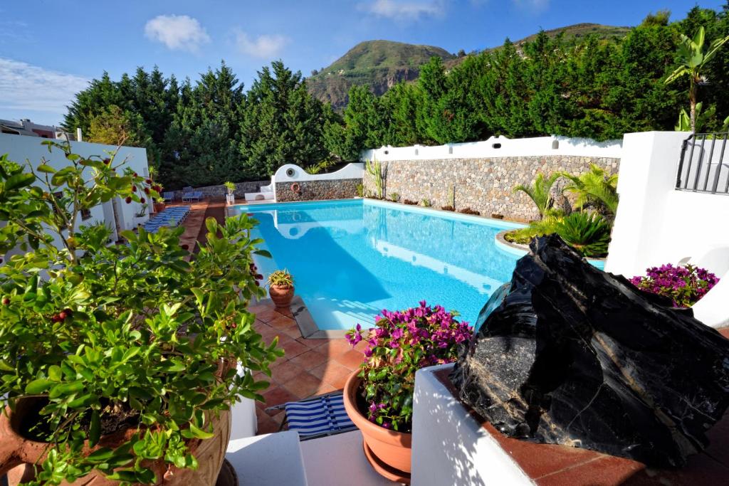 利帕里戈多帕多公园酒店的享有植物游泳池的景色