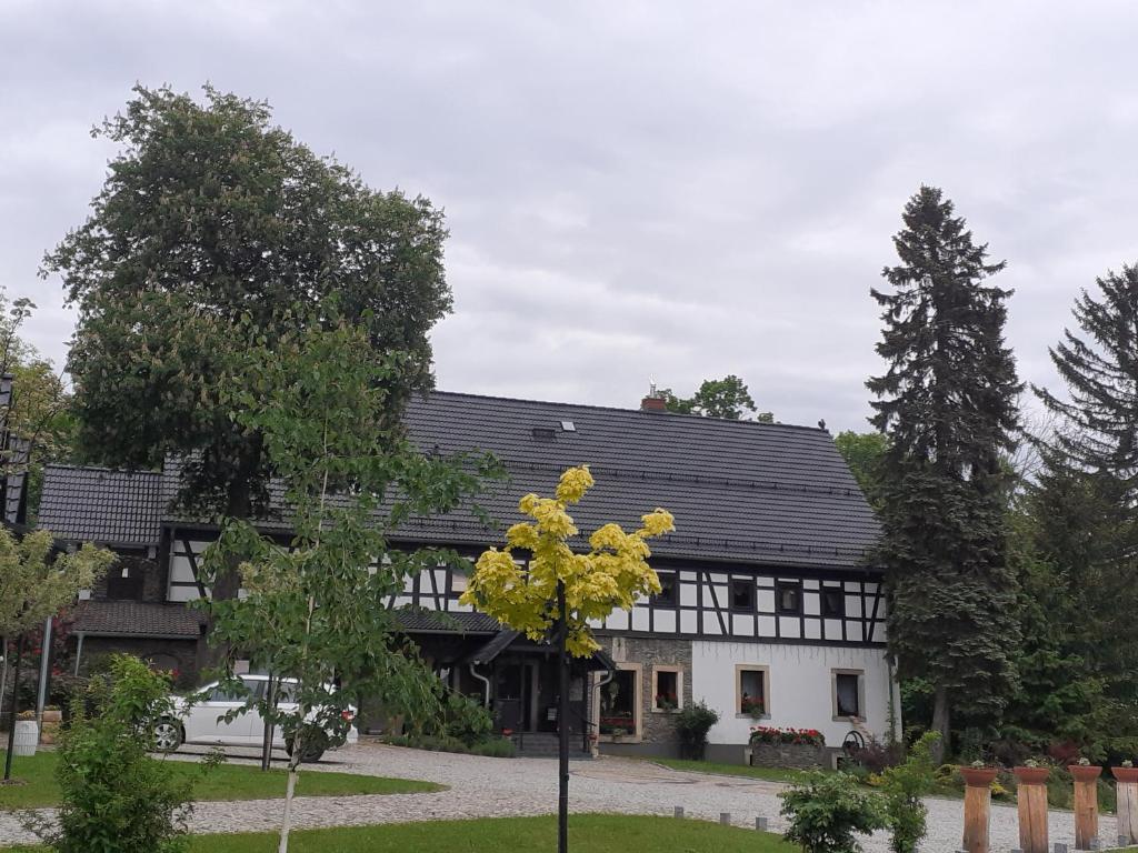 耶莱尼亚古拉Agroturystyka Łysa Góra的黑白房子前面有一棵树
