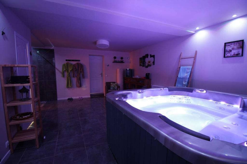Saint-MauriceLe Cocon - Gite Spa et Sauna privatif en Centre Alsace的浴室设有大浴缸,拥有紫色照明