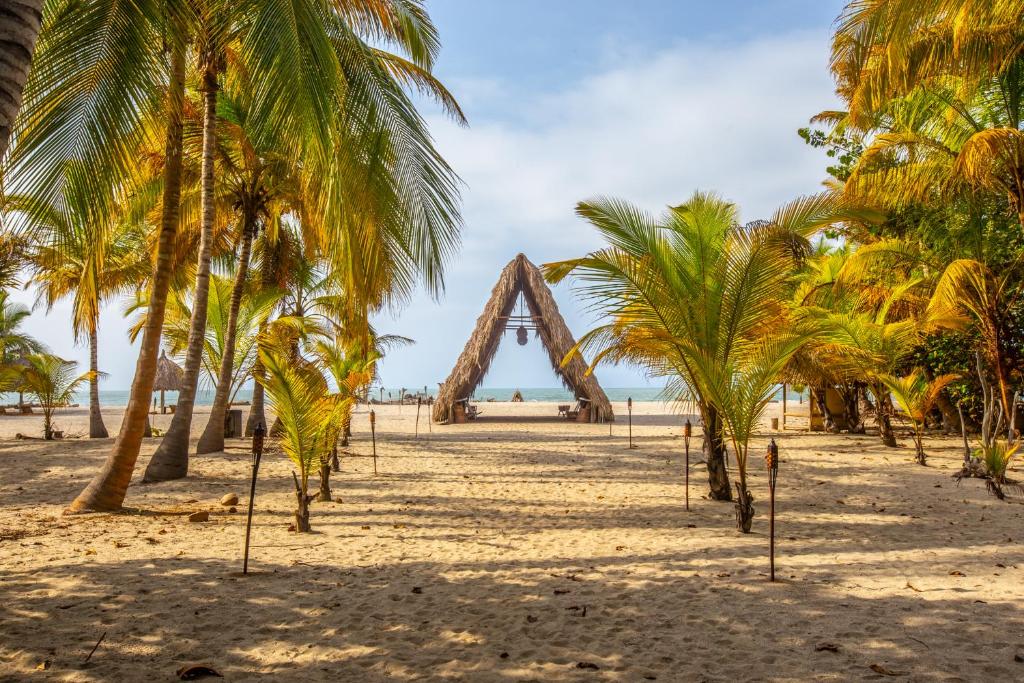 伯里塔卡Gitana del Mar Boutique Beach Resort的棕榈树海滩上的木拱