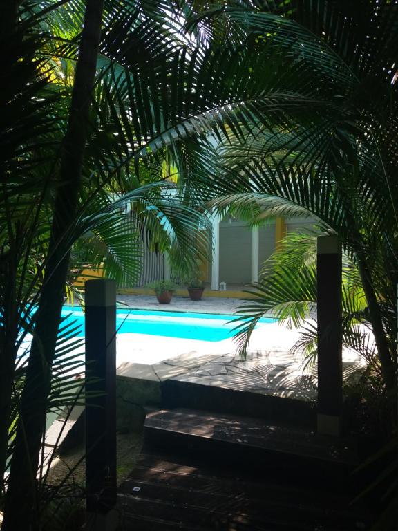舍尔谢Chambre d'hôte La Villa Gialla的前方的棕榈树游泳池