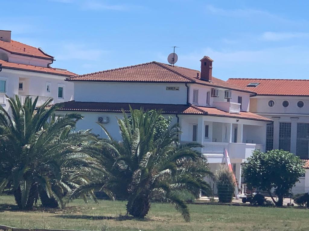 梅杜林Villa Osipovica的一座白色的大建筑,前面有棕榈树