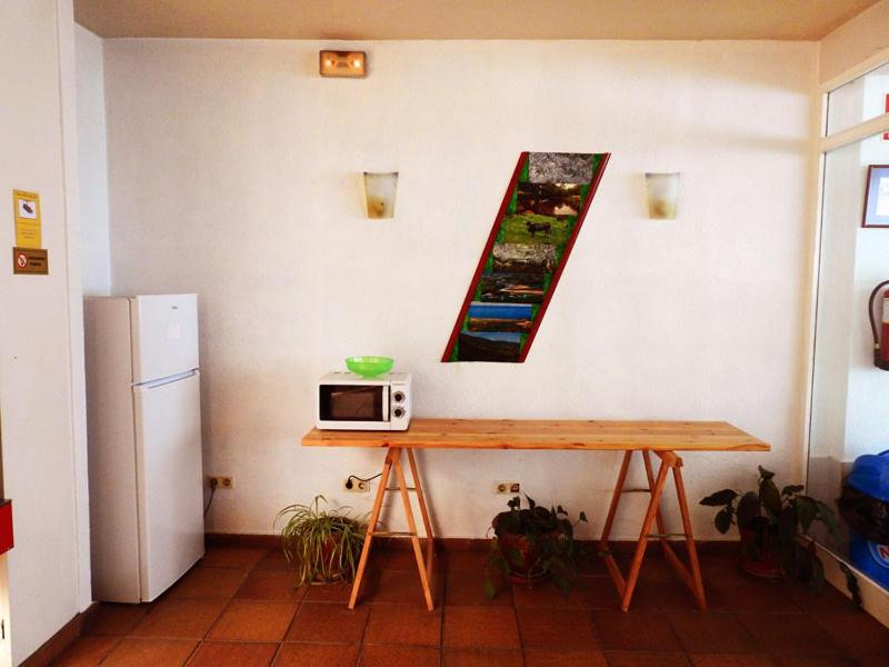 卡韦松·德·拉·萨尔维埃尔酒店的厨房配有带微波炉和冰箱的桌子