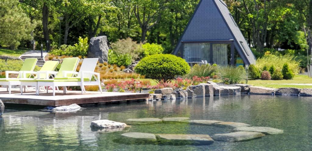 赞考Zen Garden Resort, Zánka的坐在池塘上的一个码头上的一组椅子