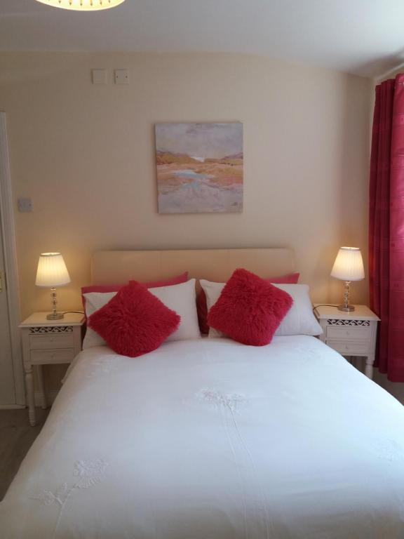 拉斯德拉姆莱特尔摩乡村房屋酒店的卧室配有带红色枕头的白色床