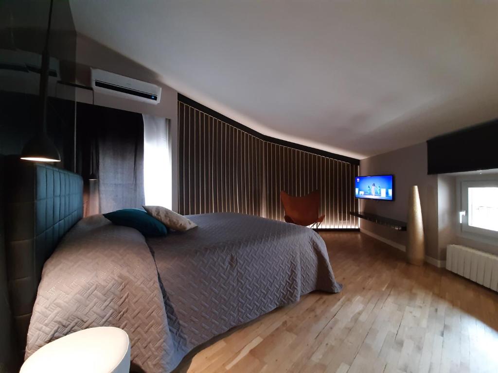 代森扎诺-德尔加达MoAA - Modern Art Apartment的一间卧室配有一张床和一台平面电视