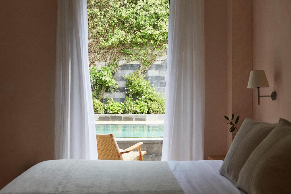 圣塞瓦斯蒂安Boutique Hotel Mendi Argia的一间卧室设有享有泳池景致的窗户