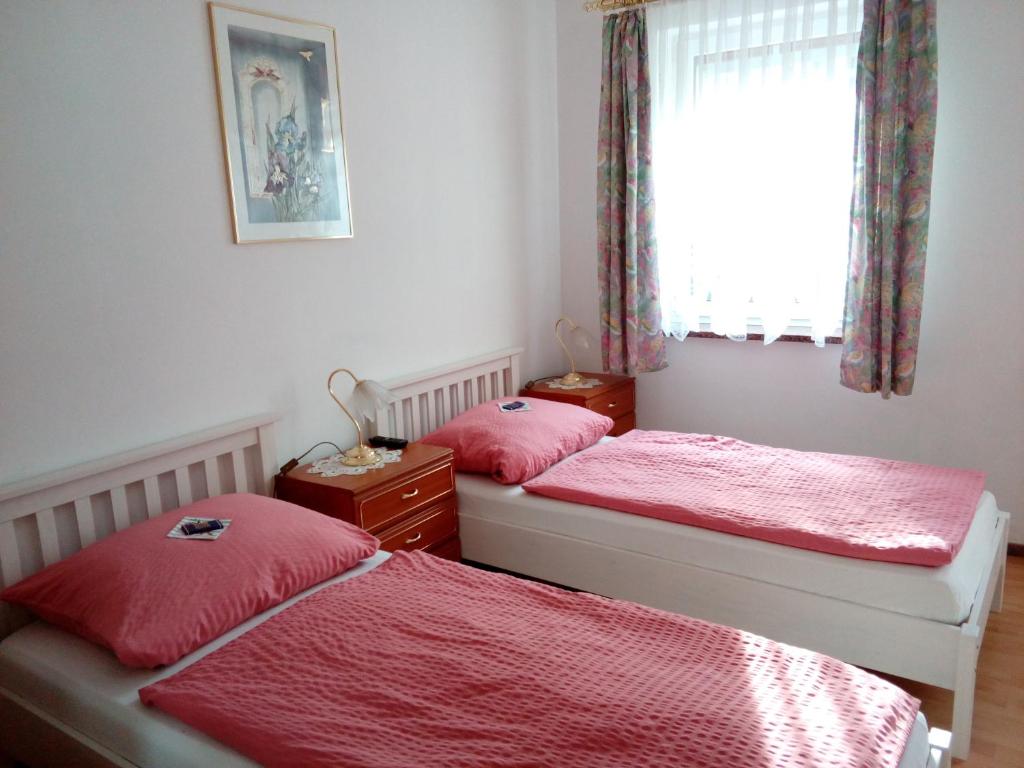 梅泽堡Pension Am Rosental Merseburg的卧室设有两张床,配有红色床单和窗户