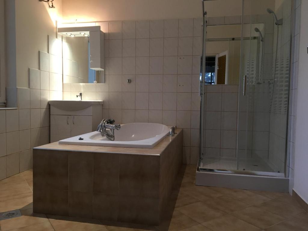 希欧福克Régimódi Apartman的一间带水槽和淋浴的浴室