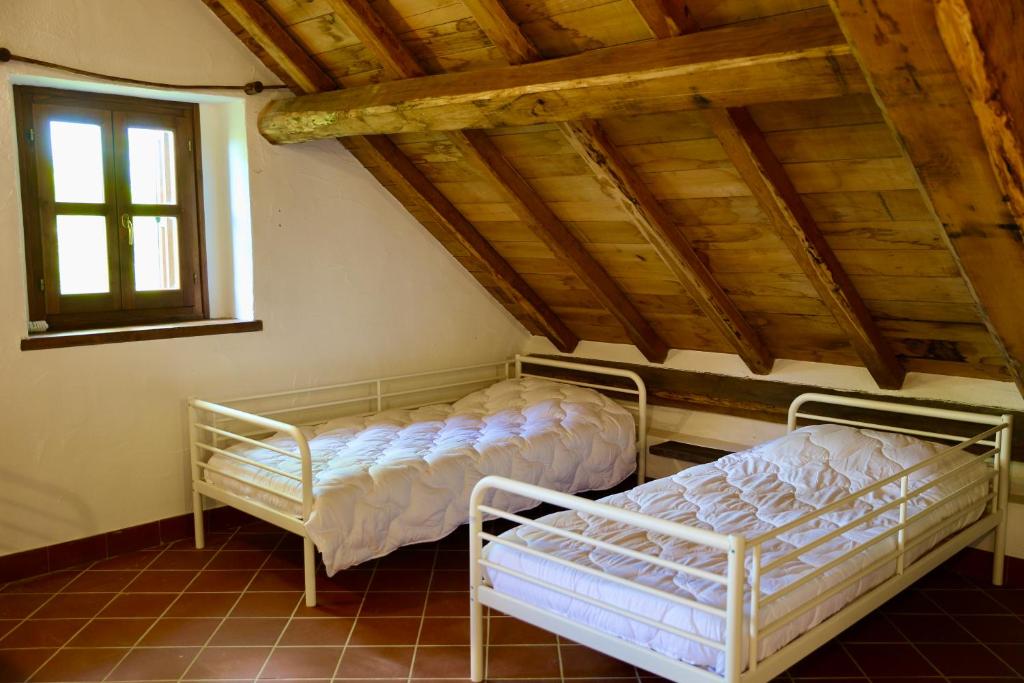 萨塞洛Rifugio Casa Ressia的客房设有两张床和窗户。