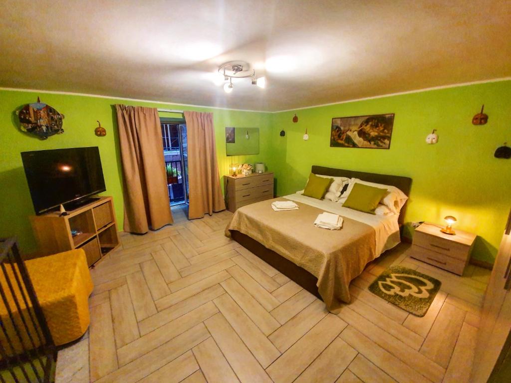 那不勒斯Maison Zazà Naples的一间卧室设有绿色的墙壁、一张床和电视