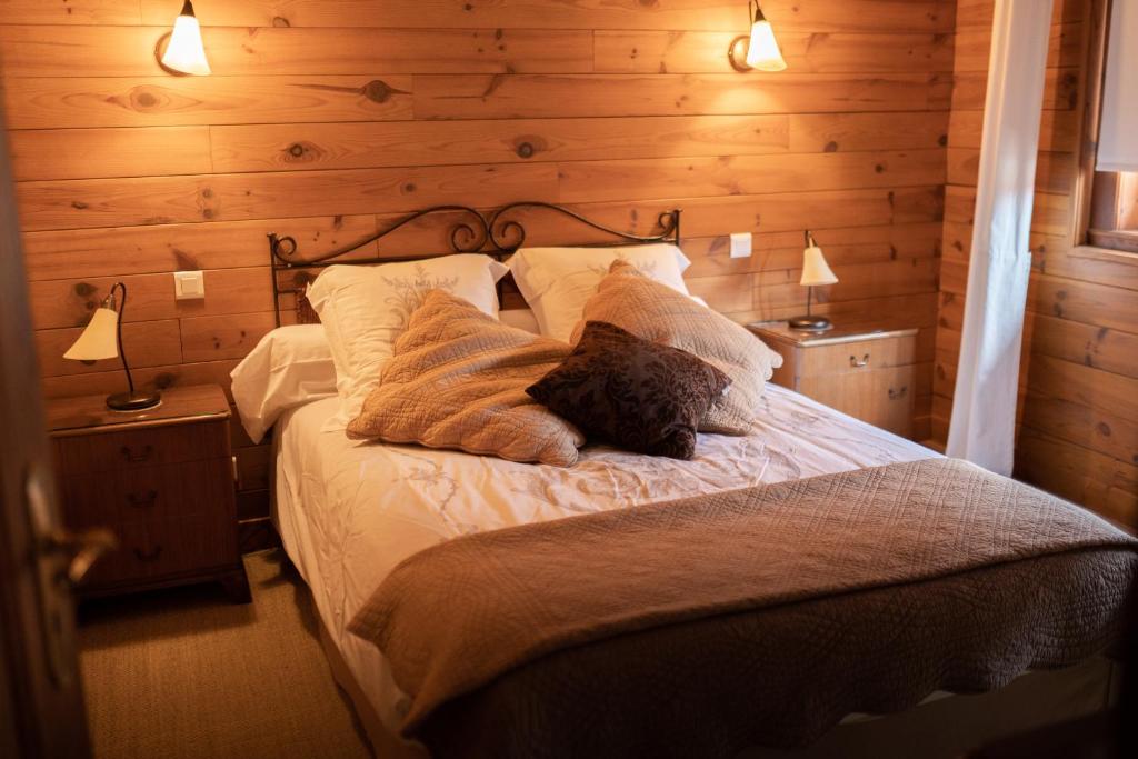 维桑堡Maison Dietenbeck的一间卧室设有木墙和一张带枕头的床。