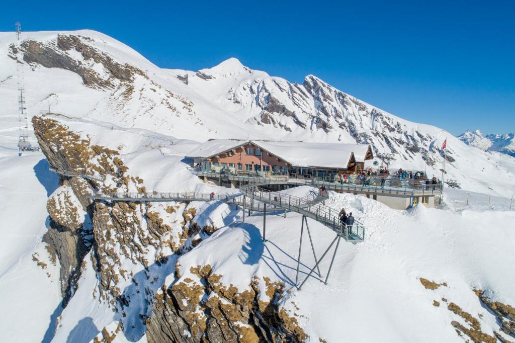 格林德尔瓦尔德Berggasthaus First - Only Accessible by Cable Car的雪覆盖的山顶上的滑雪小屋