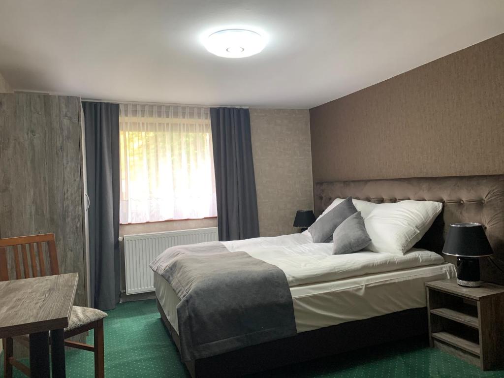 奥斯特罗沃Apartament Zalesie的一间卧室设有一张大床和一个窗户。