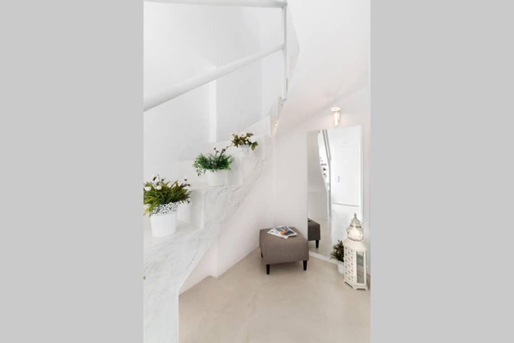 诺亚福克Family Maisonette with pool #2的白色走廊,带椅子和盆栽植物