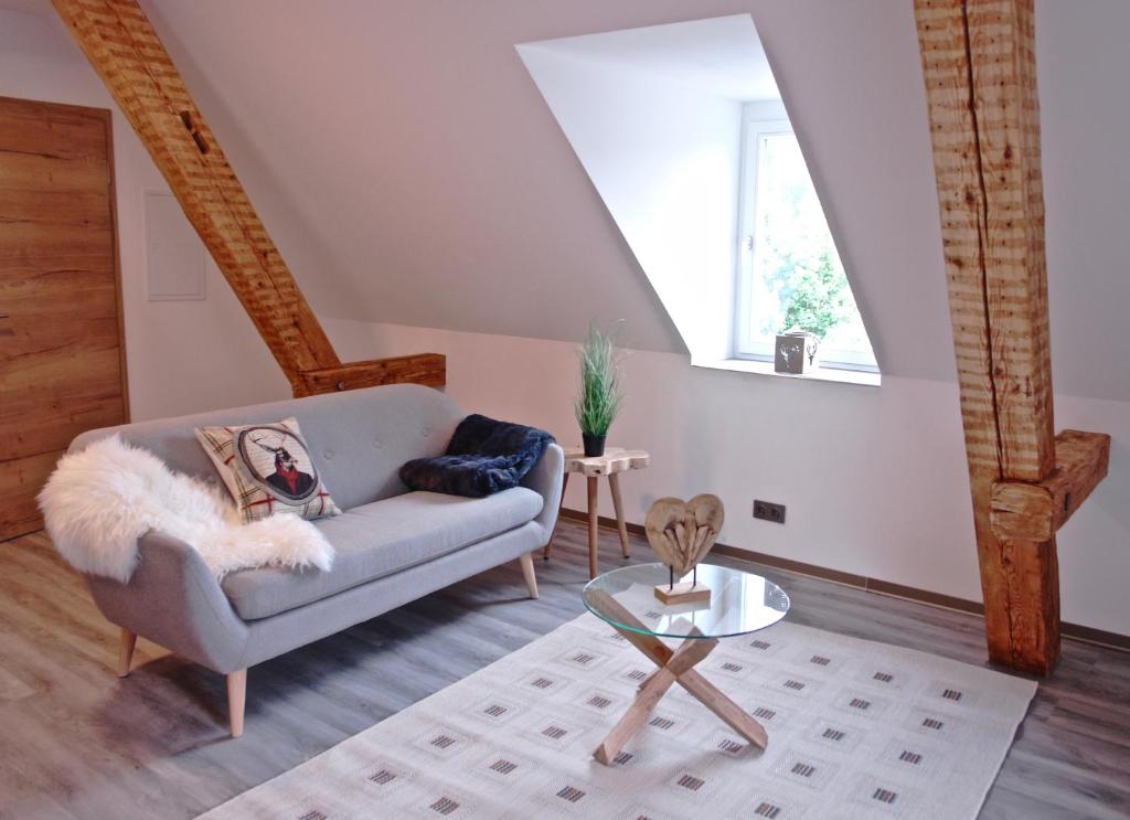 圣布拉辛Dom-i-Ziel Apartments的客厅配有沙发和桌子