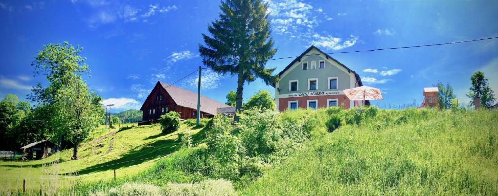 多尔尼莫拉瓦Penzion Dolní Morava的草山上的房屋和谷仓