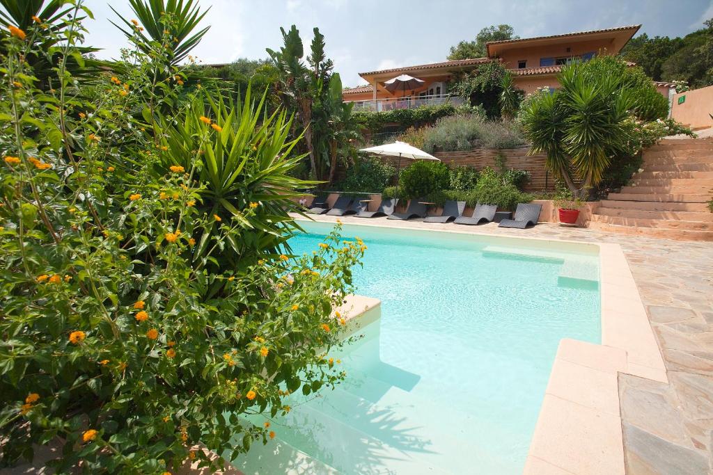法沃内Villa Mimosa的植物庭院中的游泳池