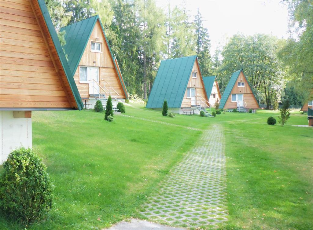 SázavaChatky Sázava的草场上一排有绿色屋顶的房屋