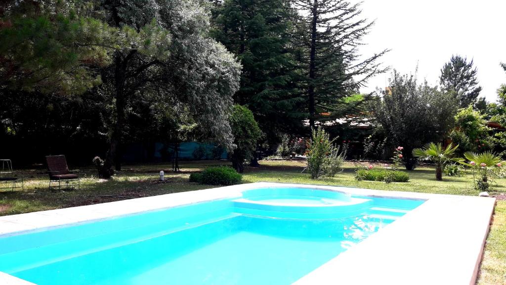 La ConsultaCasa Rural entre Bodegas y Viñedos ' El Jarillal"的一座绿树成荫的庭院中的蓝色游泳池