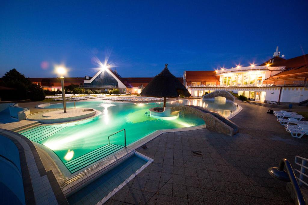 凯希道库什塔尼Kehida Termál Resort & Spa的夜间大型游泳池,灯光照亮