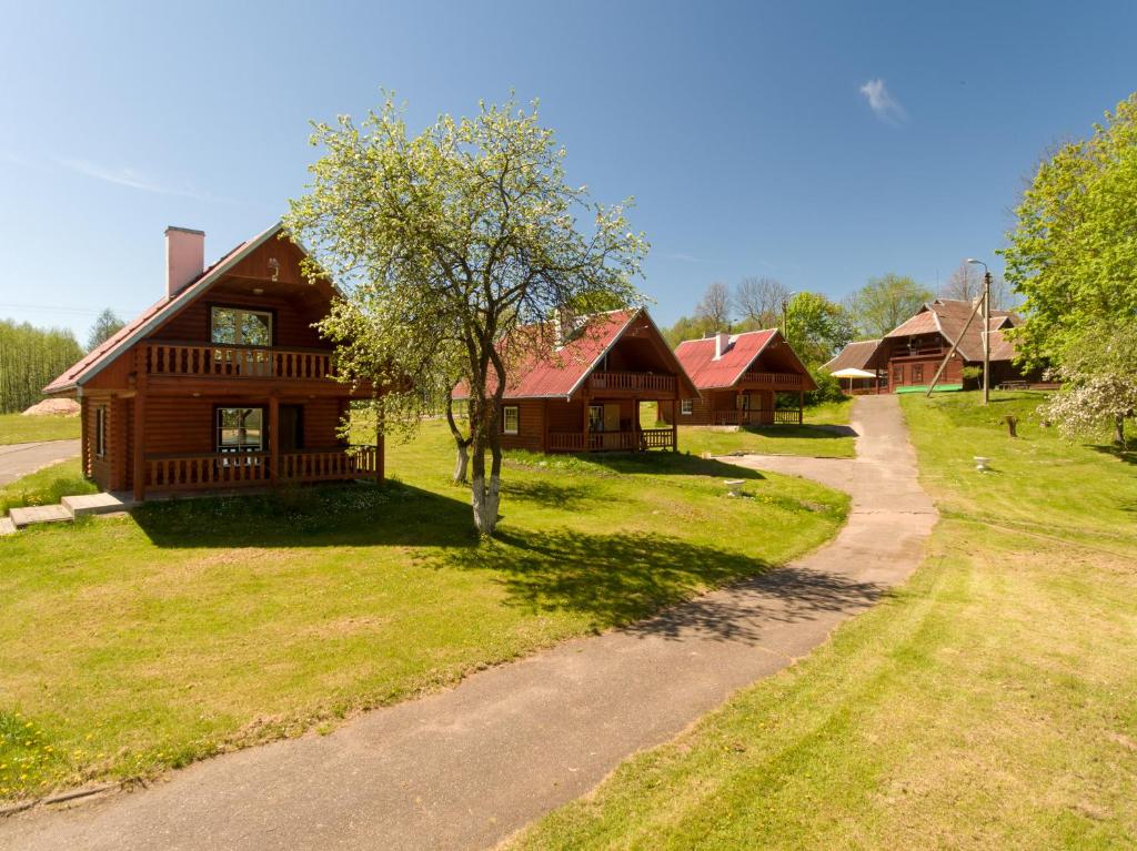 伊格纳利纳AB Imeda poilsiavietė的小木屋的顶部景色,设有通往小木屋的路径