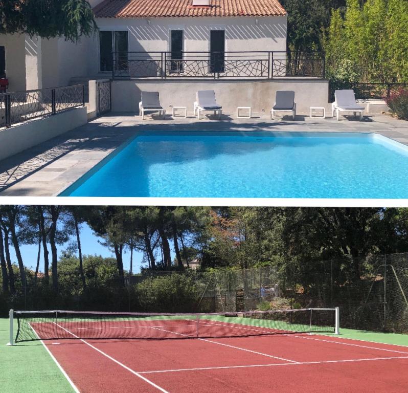 莱克斯Grande propriété avec Piscine et Terrain de tennis privés的两幅网球场和游泳池的照片