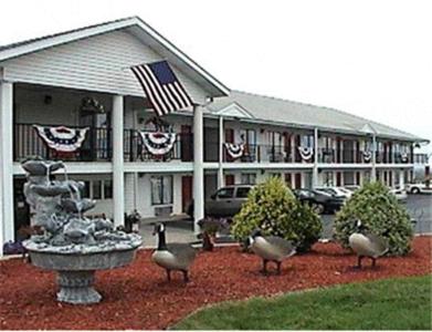布兰森Twinkle Inn的一座带喷泉的建筑,在一座有旗帜的建筑前