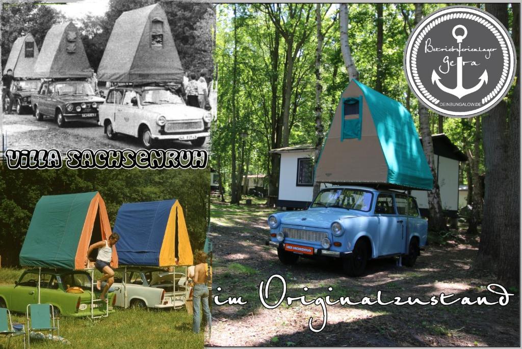 德兰斯克DDR Villa Sachsenruh direkt am Strand的一群汽车,帐篷和一辆有屋顶的蓝色汽车