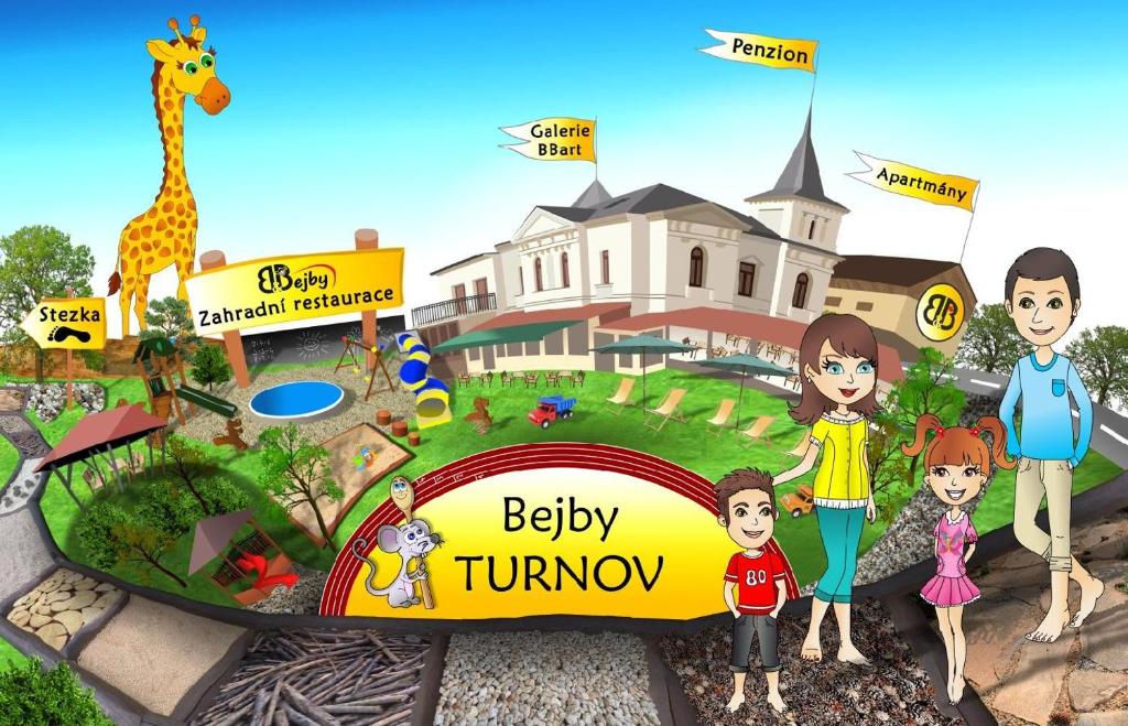 图尔诺夫Apartmány Bejby Turnov的站在动物园前的家庭漫画
