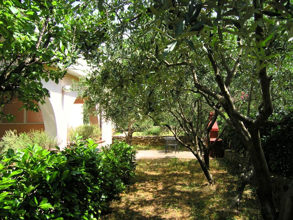 克尔克Apartments Sokolović的一座种植了树木的花园及一座白色的建筑