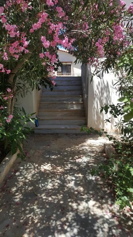 阿特米达Joan's airport apartment的大楼内有粉红色花的楼梯