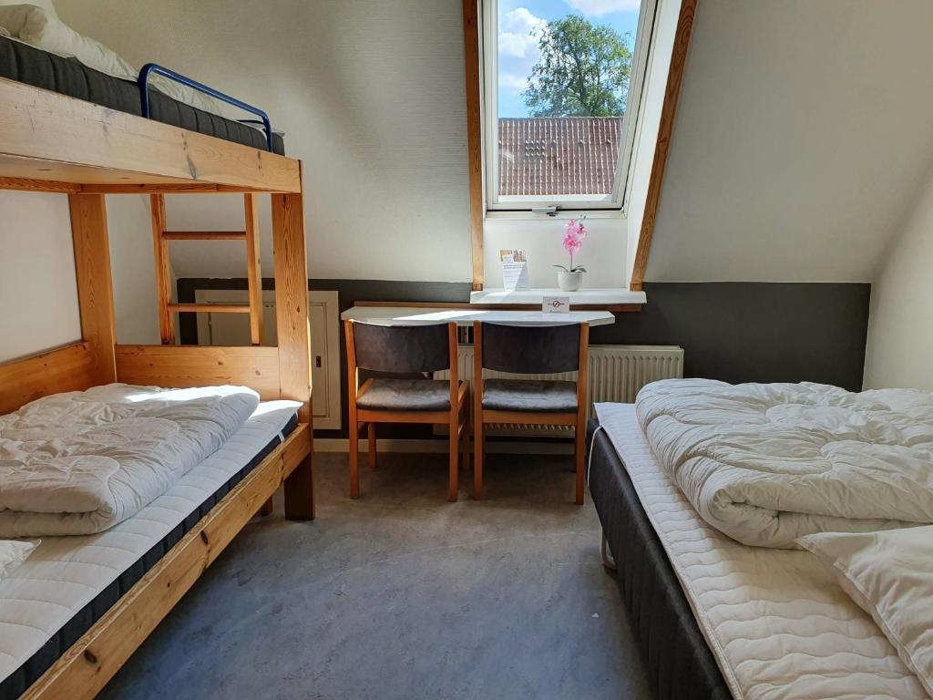 灵斯泰兹Danhostel Ringsted的客房设有两张双层床、一张桌子和一张书桌。